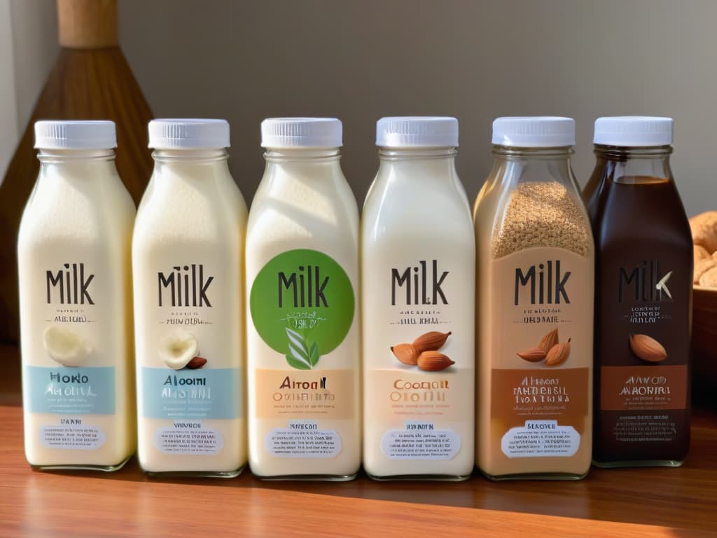  A closeup ultradetailed image of a variety of small glass bottles filled with different types of plantbased milk such as almond, soy, oat, and coconut, arranged neatly on a light wooden table. Each bottle has a simple, elegant label indicating the milk type, and there are fresh ingredients like almonds, soybeans, oats, and coconuts scattered artistically around the bottles. The natural light coming from a nearby window casts a soft, warm glow on the scene, creating a serene and inviting atmosphere. hyperrealistic, full body, detailed clothing, highly detailed, cinematic lighting, stunningly beautiful, intricate, sharp focus, f/1. 8, 85mm, (centered image composition), (professionally color graded), ((bright soft diffused light)), volumetric fog, trending on instagram, trending on tumblr, HDR 4K, 8K