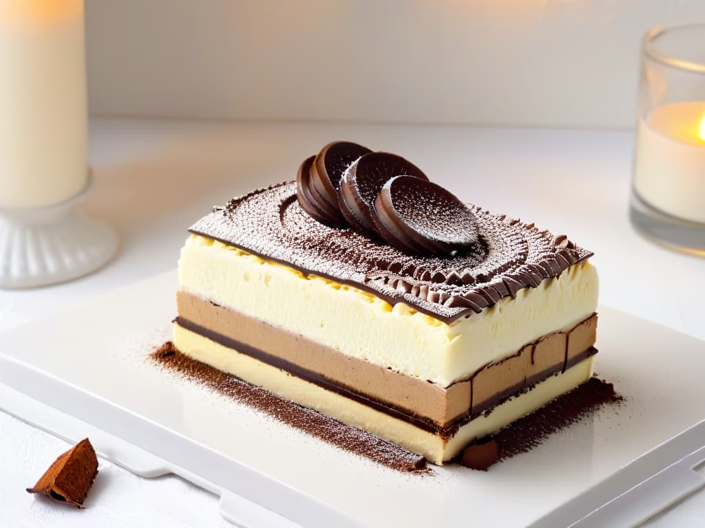  An ultradetailed, 8k resolution image of a perfect slice of tiramisu on a white porcelain plate, showcasing delicate layers of espressosoaked ladyfingers, rich mascarpone cream, and a dusting of cocoa powder. The background is softly blurred to keep the focus on the intricate textures and elegant presentation of this classic Italian dessert. hyperrealistic, full body, detailed clothing, highly detailed, cinematic lighting, stunningly beautiful, intricate, sharp focus, f/1. 8, 85mm, (centered image composition), (professionally color graded), ((bright soft diffused light)), volumetric fog, trending on instagram, trending on tumblr, HDR 4K, 8K