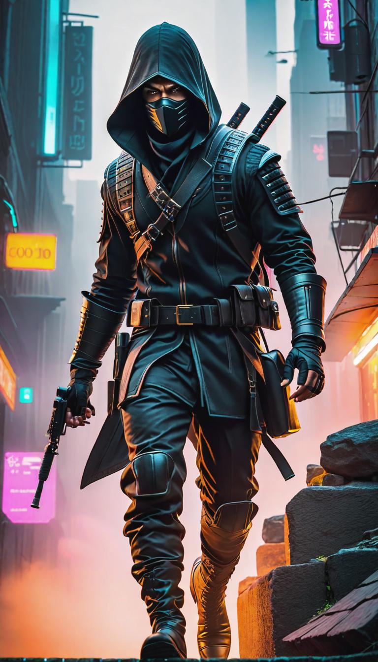  Cyberpunk style depiction of Ninja running on a wall. The scene is set in a world where technology has advanced, but society and human conditions have not, creating a gritty, dystopian atmosphere. hyperrealistic, full body, detailed clothing, highly detailed, cinematic lighting, stunningly beautiful, intricate, sharp focus, f/1. 8, 85mm, (centered image composition), (professionally color graded), ((bright soft diffused light)), volumetric fog, trending on instagram, trending on tumblr, HDR 4K, 8K