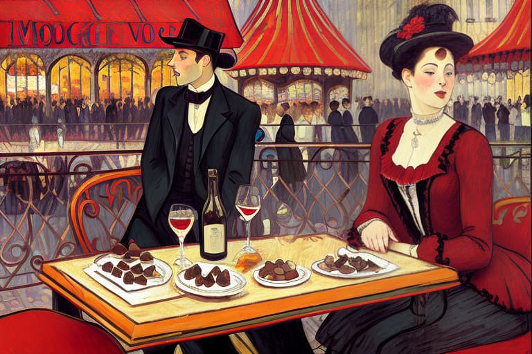  attractive young Parisian couple dressed in modern designer outfits who are romantically together in Paris. Foreground a small plate of fine dark chocolates on a small wooden table. Background dusk with a light of the inside the Moulin Rouge with dancers dancing. Painting style of Henri de Toulouse-Lautrec