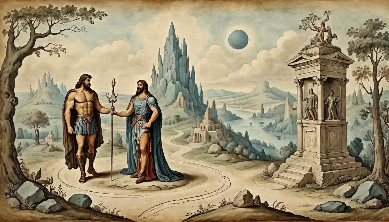  on parchment, surrealism+++, Hercules in a mythological setting, crossroads with two paths, stone statues of goddesses, ancient, profound(mysterious, provocative, symbolic,muted color)+++