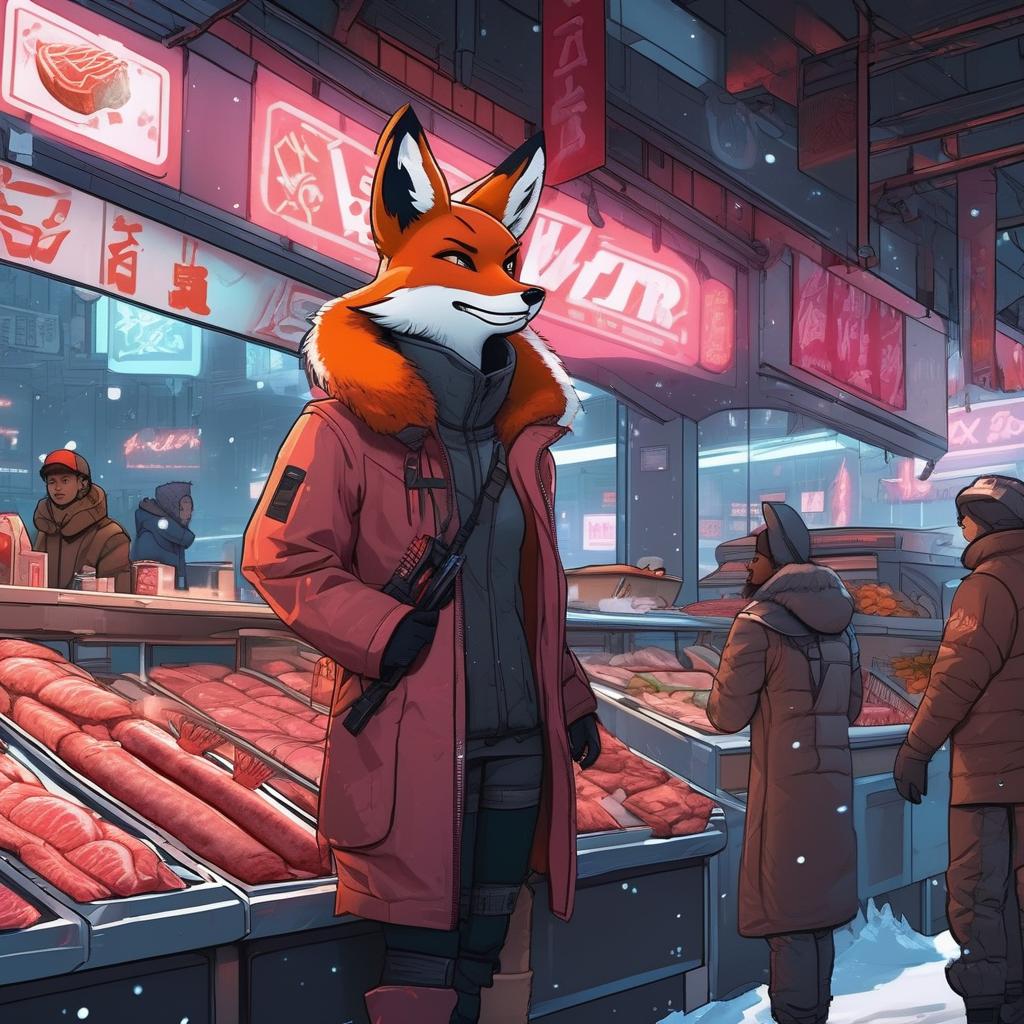  a fox girl with a human face, fox ears and tail, in cyberpunk, walks through a futuristic city in winter, looks at meat in a butcher shop, a street butcher shop, fresh meat tenderloin and hams are on the counter, walks through a futuristic city in winter, stands next to a street butcher shop, fresh meat on the counter
