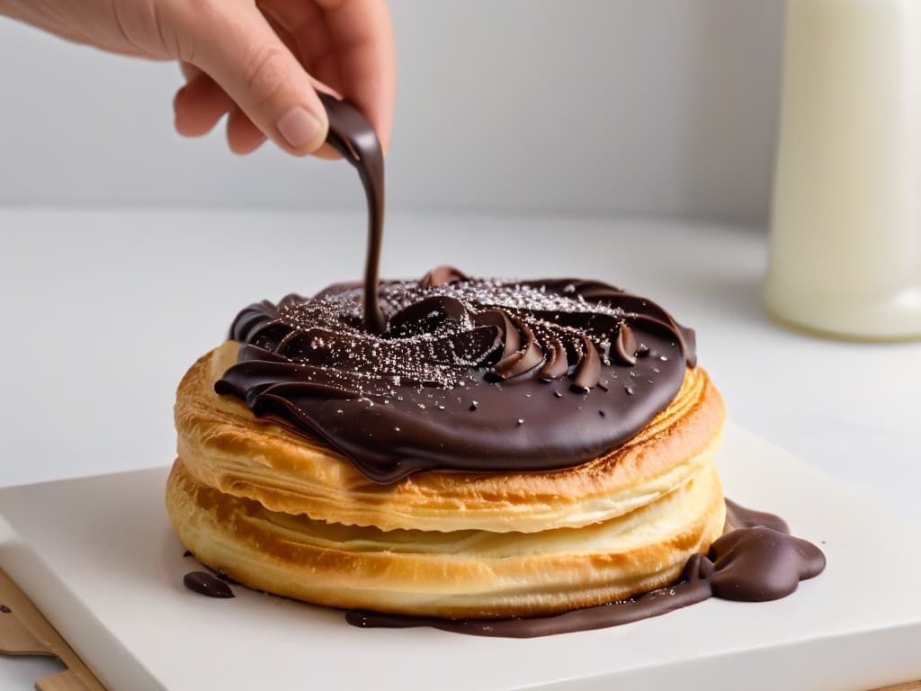  A closeup, ultradetailed image of a rich, dark chocolate ganache being poured smoothly over a stack of golden, flaky croissants, set against a clean, white backdrop to highlight the glossy texture of the ganache and the buttery layers of the croissants. hyperrealistic, full body, detailed clothing, highly detailed, cinematic lighting, stunningly beautiful, intricate, sharp focus, f/1. 8, 85mm, (centered image composition), (professionally color graded), ((bright soft diffused light)), volumetric fog, trending on instagram, trending on tumblr, HDR 4K, 8K