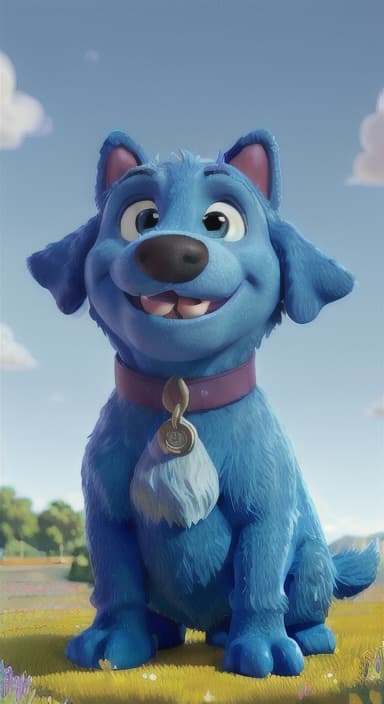  {A happy, big blue dog wagging its tail in a colorful meadow, The big blue dog is large with sky blue fur, big round eyes, a black nose, and floppy ears.