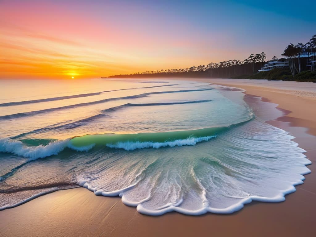  A minimalist, highresolution image of a vibrant sunset over a serene Australian beach, with pastel hues painting the sky and reflecting on the calm ocean waters. Palm trees silhouetted against the colorful sky, casting long shadows on the sandy shore. The scene evokes a sense of tranquility and warm summer evenings, perfectly capturing the essence of an Australian summer dessert inspiration. hyperrealistic, full body, detailed clothing, highly detailed, cinematic lighting, stunningly beautiful, intricate, sharp focus, f/1. 8, 85mm, (centered image composition), (professionally color graded), ((bright soft diffused light)), volumetric fog, trending on instagram, trending on tumblr, HDR 4K, 8K