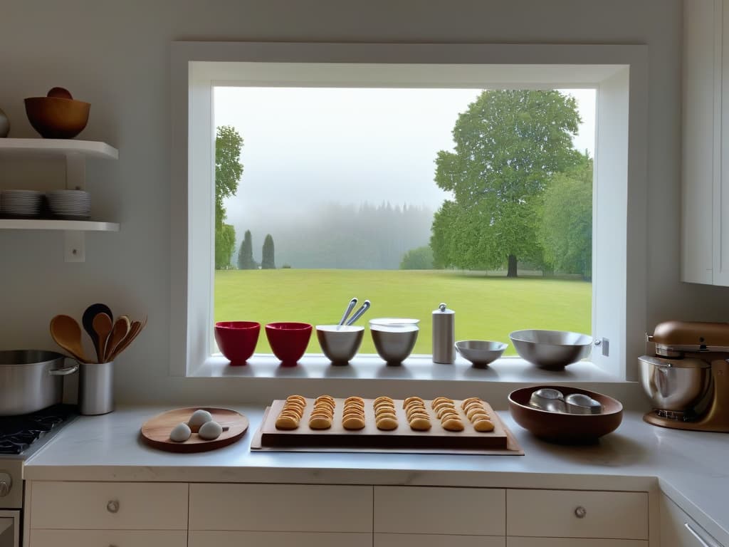  A highresolution image of a serene, minimalist kitchen with a sleek marble countertop, filled with neatly arranged baking tools like rolling pins, cookie cutters, piping bags, and mixing bowls. The soft natural light pouring in from a nearby window illuminates the space, creating a peaceful and inviting atmosphere perfect for a pastry retreat. hyperrealistic, full body, detailed clothing, highly detailed, cinematic lighting, stunningly beautiful, intricate, sharp focus, f/1. 8, 85mm, (centered image composition), (professionally color graded), ((bright soft diffused light)), volumetric fog, trending on instagram, trending on tumblr, HDR 4K, 8K