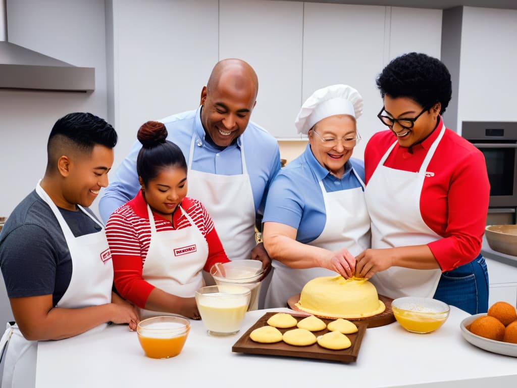  A highresolution, ultradetailed image of a diverse group of individuals of various ages and abilities working together in a brightly lit, modern kitchen setting. Each person is engaged in a specific task related to baking or decorating pastries, showcasing teamwork and inclusivity. The image captures the joy and concentration on their faces, highlighting the therapeutic and empowering benefits of inclusive baking activities. hyperrealistic, full body, detailed clothing, highly detailed, cinematic lighting, stunningly beautiful, intricate, sharp focus, f/1. 8, 85mm, (centered image composition), (professionally color graded), ((bright soft diffused light)), volumetric fog, trending on instagram, trending on tumblr, HDR 4K, 8K