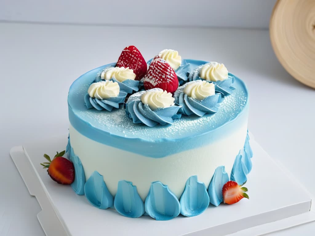  A closeup, highresolution image of a perfectly frosted and decorated cake with vibrant colors and intricate details, displayed on a clean white background. The cake should be visually stunning and appealing, showcasing the artistry and craftsmanship of a talented pastry chef. hyperrealistic, full body, detailed clothing, highly detailed, cinematic lighting, stunningly beautiful, intricate, sharp focus, f/1. 8, 85mm, (centered image composition), (professionally color graded), ((bright soft diffused light)), volumetric fog, trending on instagram, trending on tumblr, HDR 4K, 8K