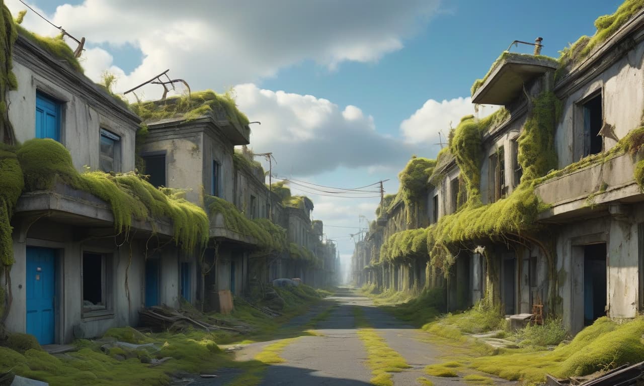  concept art General plan. Camera at human eye level. Post apocalyptic deserted city. Concrete, ruined houses. Moss and vines grow on the houses. In the middle of the frame is an asphalt road. Symmetry. The horizon is empty. Bright blue sky. . digital artwork, illustrative, painterly, matte painting, highly detailed hyperrealistic, full body, detailed clothing, highly detailed, cinematic lighting, stunningly beautiful, intricate, sharp focus, f/1. 8, 85mm, (centered image composition), (professionally color graded), ((bright soft diffused light)), volumetric fog, trending on instagram, trending on tumblr, HDR 4K, 8K