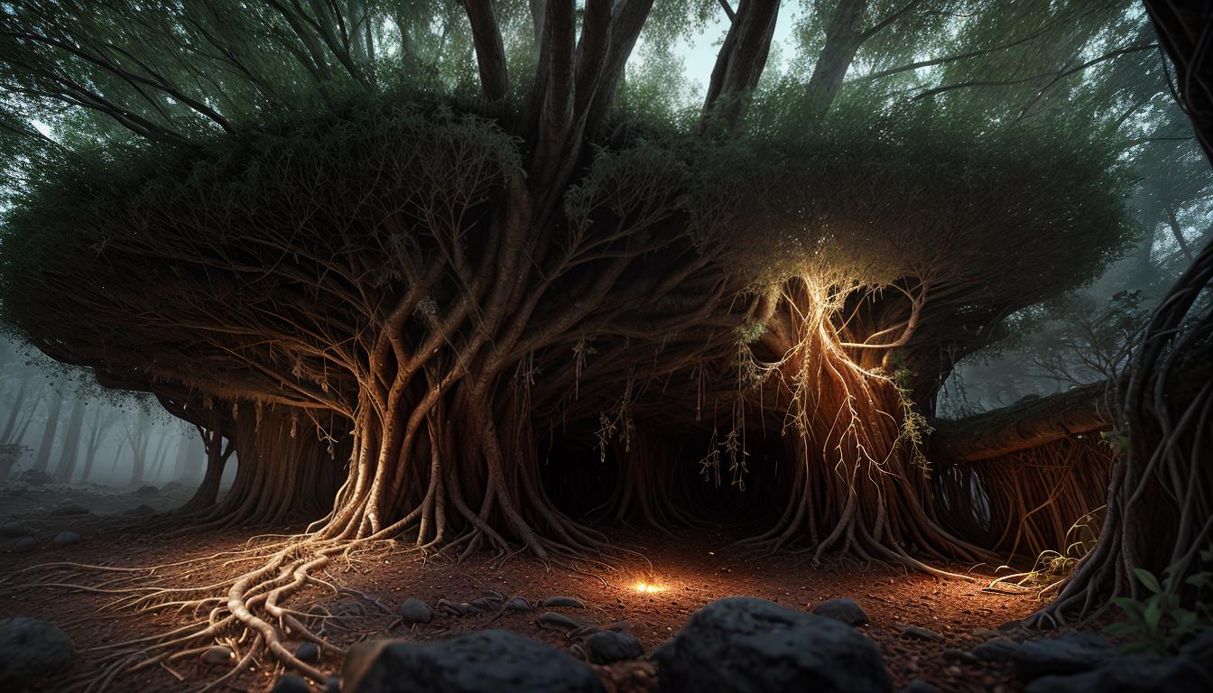  cinematic, aesthetic, Intricate web of roots, intertwining, growing from a central heart, roots detailed with veins and textures, heart glowing, veins radiating outward, deeply connected, organic, fundamental values, 4k, HDR, lens flare