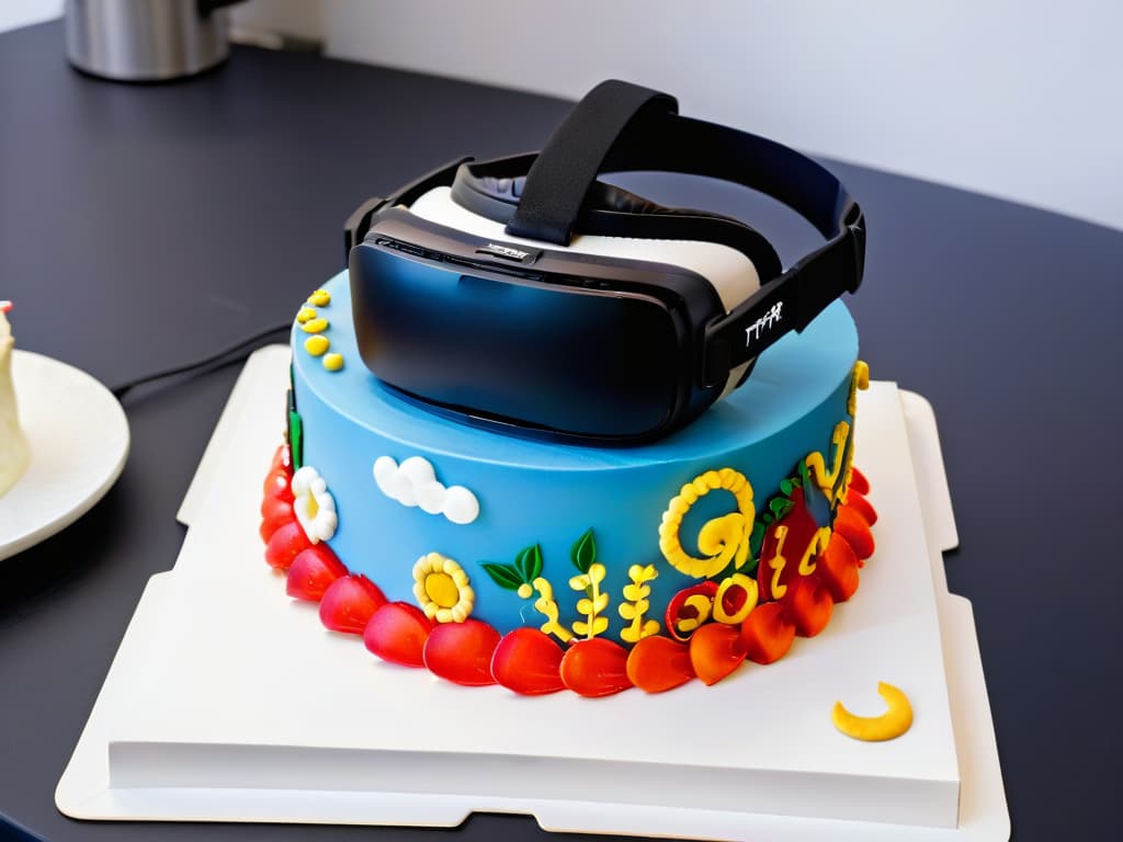  An ultradetailed image of a virtual reality headset superimposed with a beautifully decorated cake, showcasing a seamless blend of technology and culinary artistry. The VR headset appears sleek and modern, while the cake features intricate piping work and vibrant colors, symbolizing the fusion of traditional baking techniques with cuttingedge virtual reality technology. hyperrealistic, full body, detailed clothing, highly detailed, cinematic lighting, stunningly beautiful, intricate, sharp focus, f/1. 8, 85mm, (centered image composition), (professionally color graded), ((bright soft diffused light)), volumetric fog, trending on instagram, trending on tumblr, HDR 4K, 8K