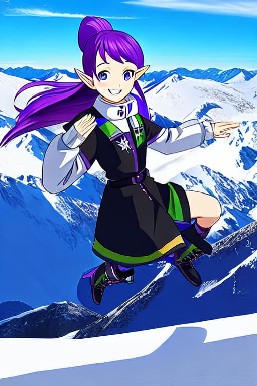  Elf, smiling, purple hair, semi -long, ski wear, boots, stock with both hands, sliding on snowy mountains, midday