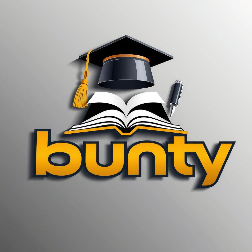  good quality, high quality, a 3d render of a sleek and elegant logo with a black and gold color scheme. the logo features a book, a graduation cap, and a pen, all with a modern design. the text "bunty" is prominently featured in a bold, sleek font. the overall logo has a professional, innovative, and inspiring look, with a dynamic 3d effect that makes it stand out.