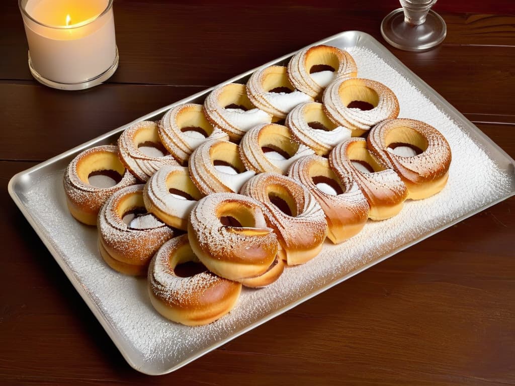  An ultradetailed image of a tray filled with freshly baked rosquillas al horno, showcasing their goldenbrown crust sprinkled with a light dusting of powdered sugar. The rosquillas are arranged neatly on a rustic wooden table, accompanied by a few scattered cinnamon sticks and vibrant fresh berries, creating a visually appealing and appetizing composition. The lighting is soft and natural, casting a gentle glow on the pastries, highlighting their texture and inviting presentation. hyperrealistic, full body, detailed clothing, highly detailed, cinematic lighting, stunningly beautiful, intricate, sharp focus, f/1. 8, 85mm, (centered image composition), (professionally color graded), ((bright soft diffused light)), volumetric fog, trending on instagram, trending on tumblr, HDR 4K, 8K