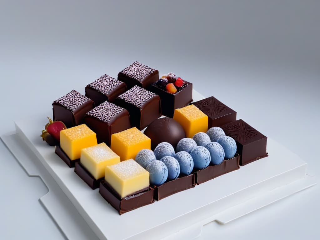  A highresolution, minimalist image featuring an assortment of intricately designed chocolate bonbons and confectionery displayed on a sleek, modern platter. The bonbons are elegantly decorated with various patterns and colors, showcasing the artistry and craftsmanship of chocolate making. Each piece is meticulously crafted, highlighting the skill and precision required in the world of chocolate confectionery. The overall aesthetic is clean, sophisticated, and visually appealing, making it a perfect fit for an article focusing on specialized books in the realm of chocolate and confectionery. hyperrealistic, full body, detailed clothing, highly detailed, cinematic lighting, stunningly beautiful, intricate, sharp focus, f/1. 8, 85mm, (centered image composition), (professionally color graded), ((bright soft diffused light)), volumetric fog, trending on instagram, trending on tumblr, HDR 4K, 8K