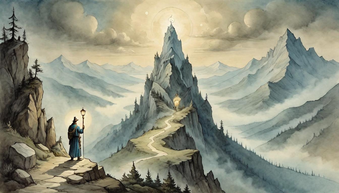  on parchment, surrealism+++, A serene figure stands atop a mountain peak, holding a lantern that casts a soft light around, symbolizing self reliance and inner peace amidst solitude, figure composed, mountain lofty, lantern hopeful, peace profound(mysterious, provocative, symbolic,muted color)+++