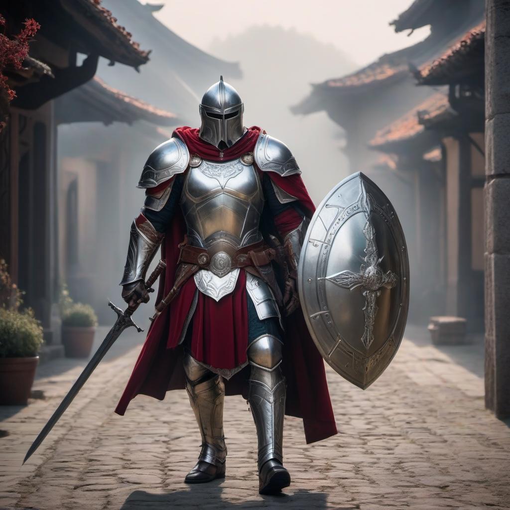  A humanoid with silver skin A paladin with a shield and sword hyperrealistic, full body, detailed clothing, highly detailed, cinematic lighting, stunningly beautiful, intricate, sharp focus, f/1. 8, 85mm, (centered image composition), (professionally color graded), ((bright soft diffused light)), volumetric fog, trending on instagram, trending on tumblr, HDR 4K, 8K