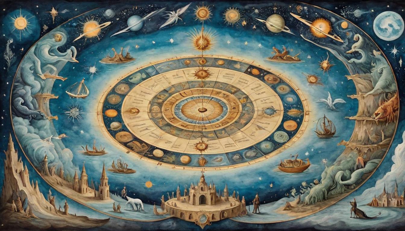  on parchment, surrealism+++, A wheel set against a cosmic backdrop, with various mythical creatures pushing it forward, representing the drive of progress by unique individuals, galaxies swirling in the background, dynamic, celestial journey(mysterious, provocative, symbolic,muted color)+++