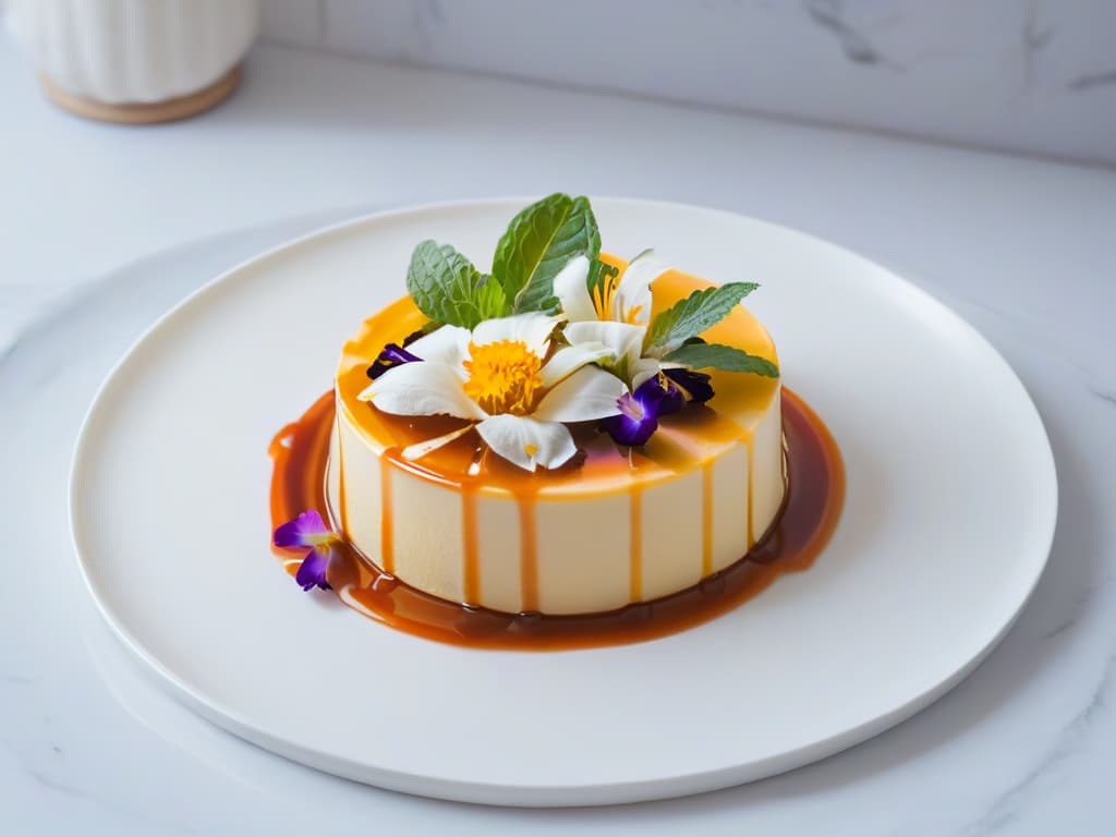  An intricately designed white ceramic plate showcasing a perfectly sliced portion of Venezuelan quesillo, garnished with a drizzle of rich caramel sauce, a sprig of fresh mint, and delicate edible flowers. The dessert sits elegantly on a sleek marble countertop, with soft natural light casting gentle shadows, highlighting the creamy texture and glossy finish of the flan. hyperrealistic, full body, detailed clothing, highly detailed, cinematic lighting, stunningly beautiful, intricate, sharp focus, f/1. 8, 85mm, (centered image composition), (professionally color graded), ((bright soft diffused light)), volumetric fog, trending on instagram, trending on tumblr, HDR 4K, 8K