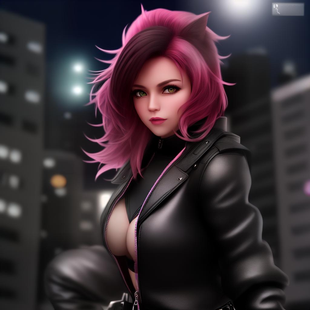  youg woman catgirl , black leather boots she loves her pink jacket, jumps from the top of the roof, she's a police officer running to catch the villain, , ((best quality)), ((masterpiece)), highly detailed, absurdres, HDR 4K, 8K