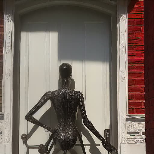  A black stick figure with its back to the camera, urinating in front of a door. hyperrealistic, full body, detailed clothing, highly detailed, cinematic lighting, stunningly beautiful, intricate, sharp focus, f/1. 8, 85mm, (centered image composition), (professionally color graded), ((bright soft diffused light)), volumetric fog, trending on instagram, trending on tumblr, HDR 4K, 8K