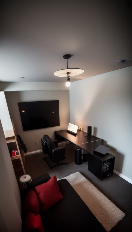  A high resolution photograph of a modern Game Room/Recreation Room, natural lighting, modern furniture, warm and welcoming ambiance, captured by a Canon EOS 5D Mark IV camera + Canon EF 16 35 mm f/2.8L II USM lens, heartwarming, black themed, energetic, modern, like pc video game room