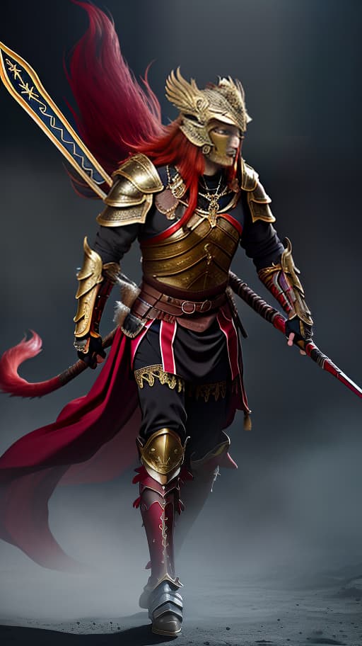  A great warrior man with a huge spear in luxurious armor with elements of expensive fabric, with red hair gathered into a tail, in a mask like helmet, in the style of dark fantasy, full height, with golden jewelry adornments. hyperrealistic, full body, detailed clothing, highly detailed, cinematic lighting, stunningly beautiful, intricate, sharp focus, f/1. 8, 85mm, (centered image composition), (professionally color graded), ((bright soft diffused light)), volumetric fog, trending on instagram, trending on tumblr, HDR 4K, 8K