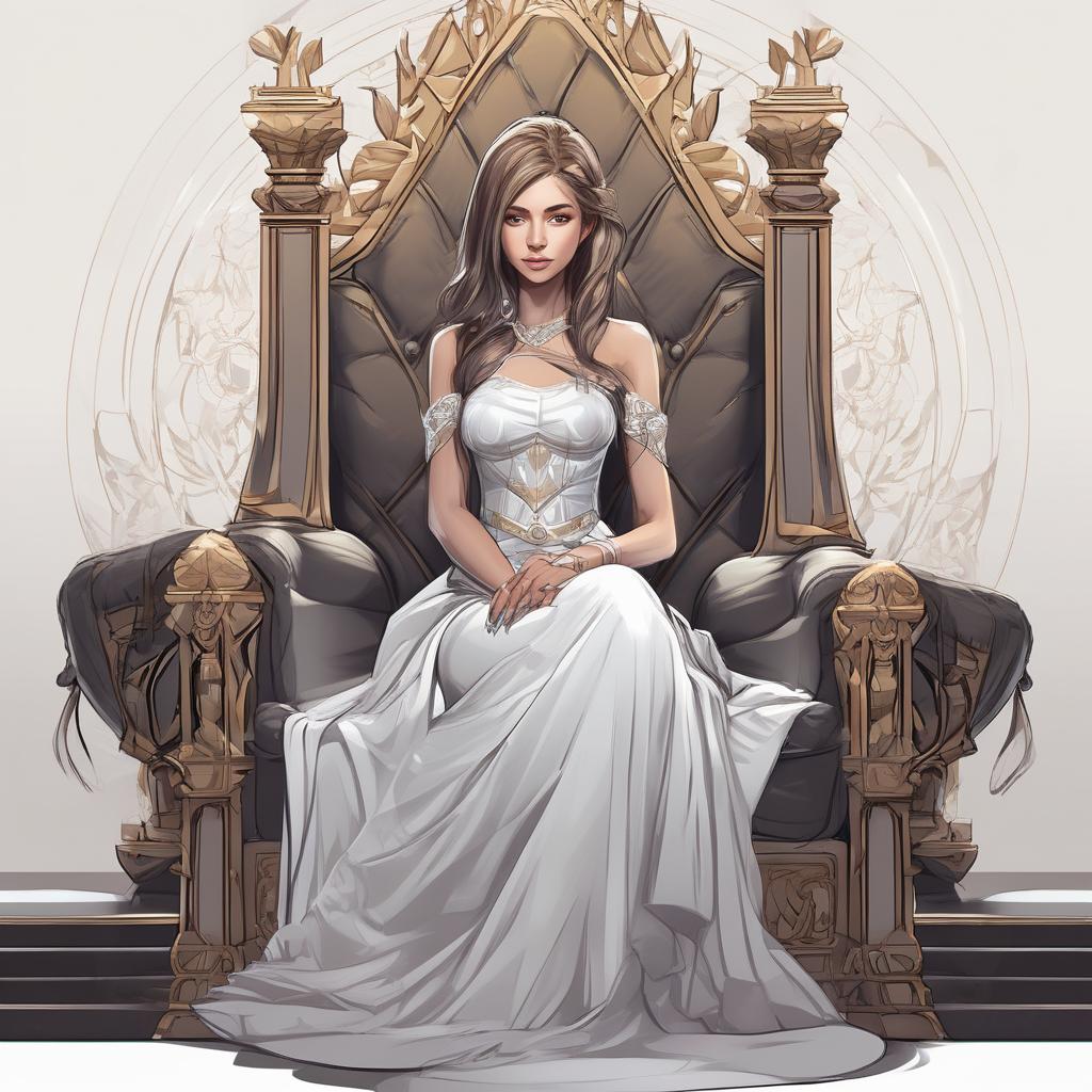  concept art, digital illustration, logo, clear and smooth lines, vector style, (high degree of detail), girl, Rianna, on throne sitting, dress, clear hands on hands