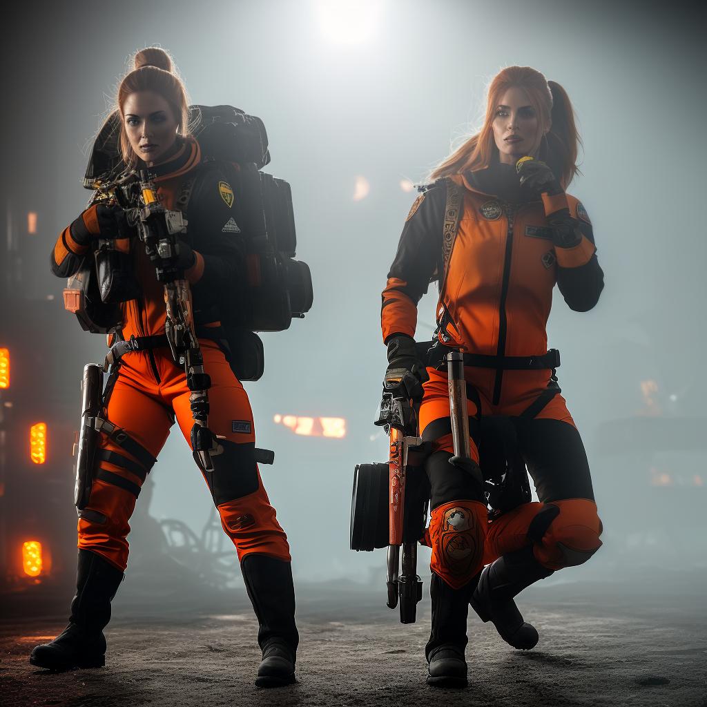   Fantasy and sketches in ink and pen with alcohol. A pretty girl with long auburn blond hair in ponytail, in a squatting position, clad in a striking orange worksuit adorned with various tools and equipment, black gloves, work goggle, headphone on neck, heavy duty black boots. The suit is detailed with multiple pockets, straps and patchwork badges. In a workshop environment, with mechanical parts such as cylinders, parts and bolts scattered on the floor. In the background, shelves are stocked with boxes and containers, all under a dimly lit setting. The essence of exploration gear within the workshop, creating a compelling juxtaposition of high tech astronaut attire against the backdrop of mechanical debris. hyperrealistic, full body, detailed clothing, highly detailed, cinematic lighting, stunningly beautiful, intricate, sharp focus, f/1. 8, 85mm, (centered image composition), (professionally color graded), ((bright soft diffused light)), volumetric fog, trending on instagram, trending on tumblr, HDR 4K, 8K