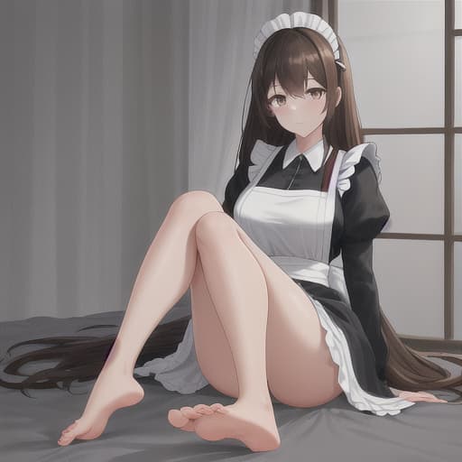  (score 9,score 8 up,score 7 up,),1girl,solo,maid,maid headdress,looking at viewer,apron,brown hair,indoors,black hair,bare foot,feet focus,two feet hyperrealistic, full body, detailed clothing, highly detailed, cinematic lighting, stunningly beautiful, intricate, sharp focus, f/1. 8, 85mm, (centered image composition), (professionally color graded), ((bright soft diffused light)), volumetric fog, trending on instagram, trending on tumblr, HDR 4K, 8K