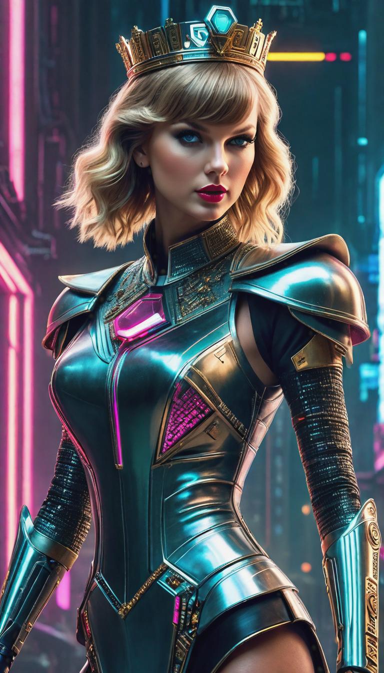  Cyberpunk style depiction of Taylor Swift as a queen. The scene is set in a world where technology has advanced, but society and human conditions have not, creating a gritty, dystopian atmosphere. hyperrealistic, full body, detailed clothing, highly detailed, cinematic lighting, stunningly beautiful, intricate, sharp focus, f/1. 8, 85mm, (centered image composition), (professionally color graded), ((bright soft diffused light)), volumetric fog, trending on instagram, trending on tumblr, HDR 4K, 8K