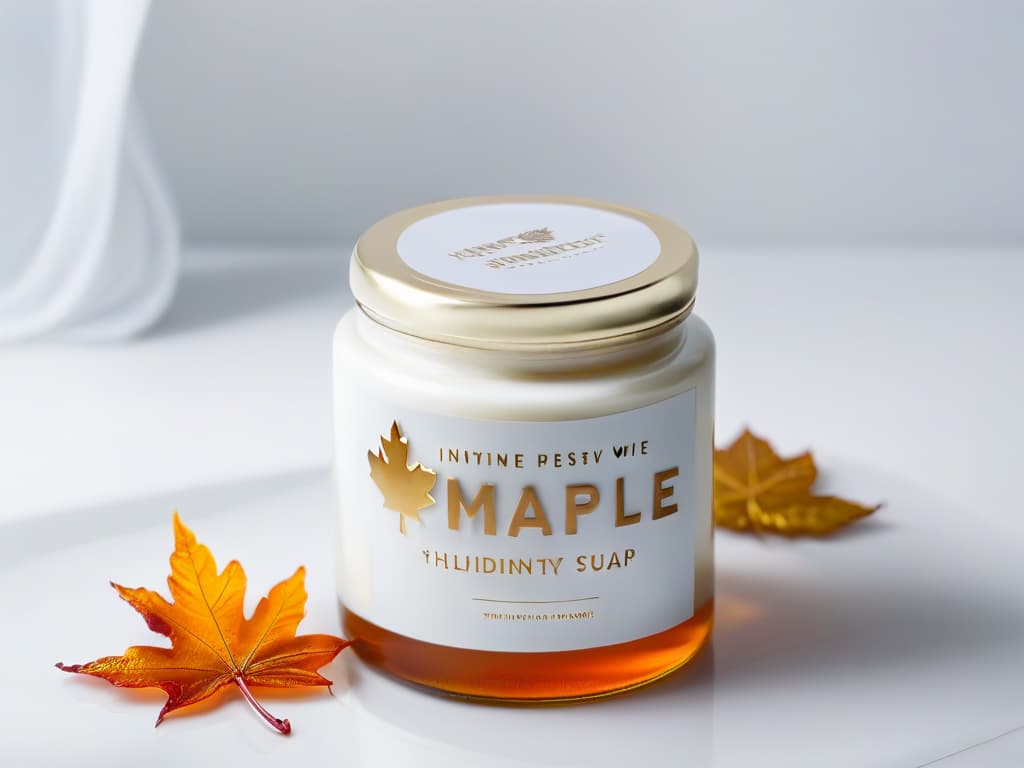  An ultradetailed image of a pristine white marble countertop with a sleek, modern glass jar filled with amberhued maple syrup. The jar is elegantly labeled with a minimalist design featuring a maple leaf motif in subtle gold foil. Soft natural light filters in, casting a gentle glow on the luxurious syrup, highlighting its rich color and inviting texture. The composition exudes sophistication and elegance, perfectly capturing the essence of innovating with maple sugar in a contemporary culinary setting. hyperrealistic, full body, detailed clothing, highly detailed, cinematic lighting, stunningly beautiful, intricate, sharp focus, f/1. 8, 85mm, (centered image composition), (professionally color graded), ((bright soft diffused light)), volumetric fog, trending on instagram, trending on tumblr, HDR 4K, 8K