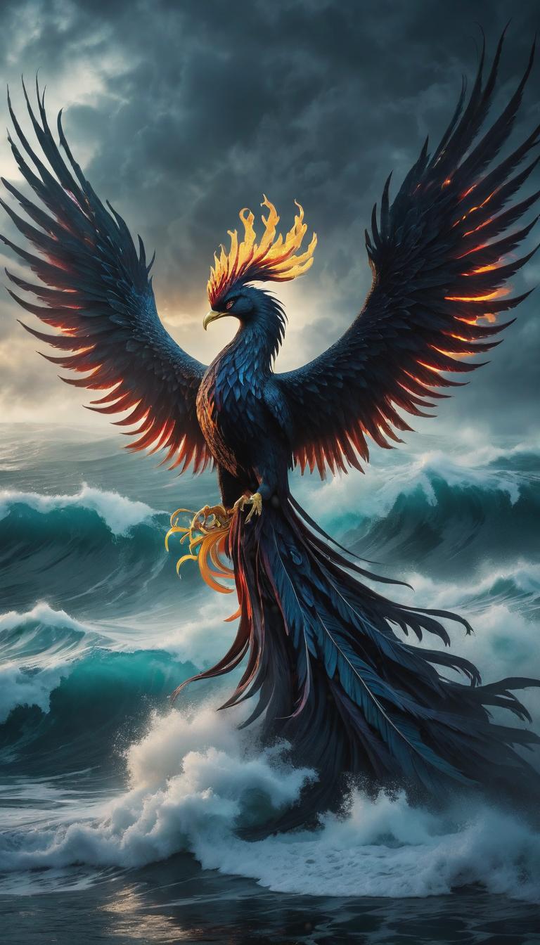  gothic style depiction of Phoenix with ocean waves . dark, mysterious, haunting, dramatic, ornate, detailed, hyperrealistic, full body, detailed clothing, highly detailed, cinematic lighting, stunningly beautiful, intricate, sharp focus, f/1. 8, 85mm, (centered image composition), (professionally color graded), ((bright soft diffused light)), volumetric fog, trending on instagram, trending on tumblr, HDR 4K, 8K