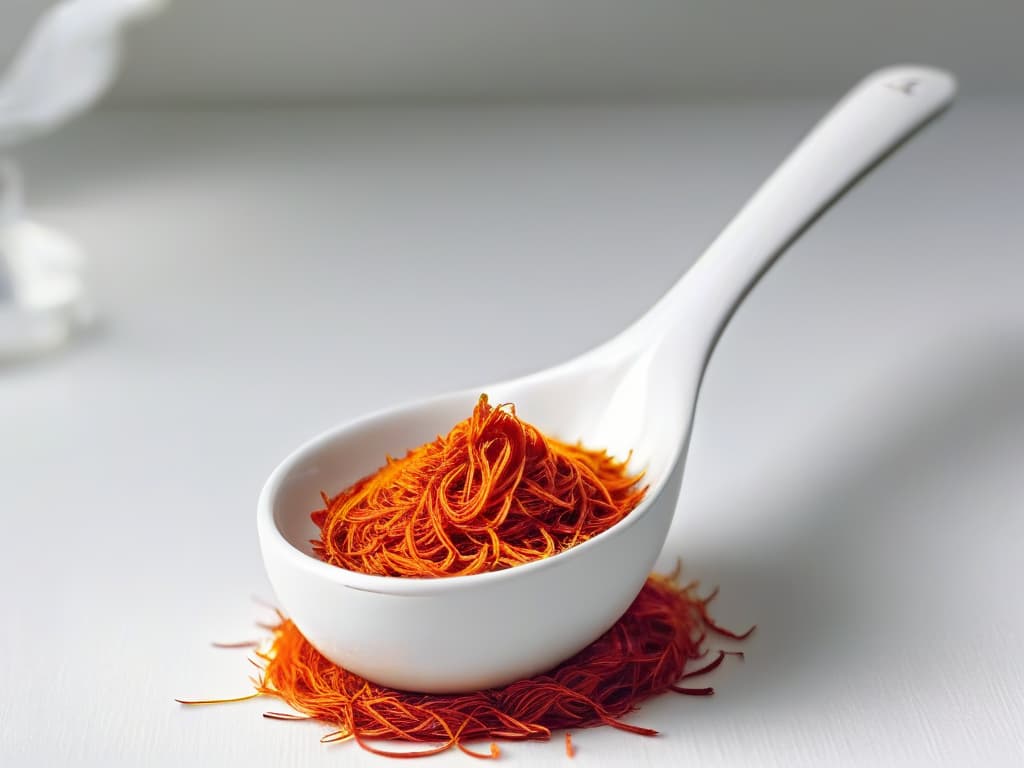  An ultradetailed closeup image of vibrant red saffron threads delicately placed on a sleek, modern white ceramic spoon. The threads are arranged in an intricate pattern, showcasing their premium quality and luxurious appearance. The background is softly blurred to keep the focus on the exquisite saffron threads, creating a visually striking and minimalistic composition that perfectly complements the professional and inspirational tone of the article. hyperrealistic, full body, detailed clothing, highly detailed, cinematic lighting, stunningly beautiful, intricate, sharp focus, f/1. 8, 85mm, (centered image composition), (professionally color graded), ((bright soft diffused light)), volumetric fog, trending on instagram, trending on tumblr, HDR 4K, 8K