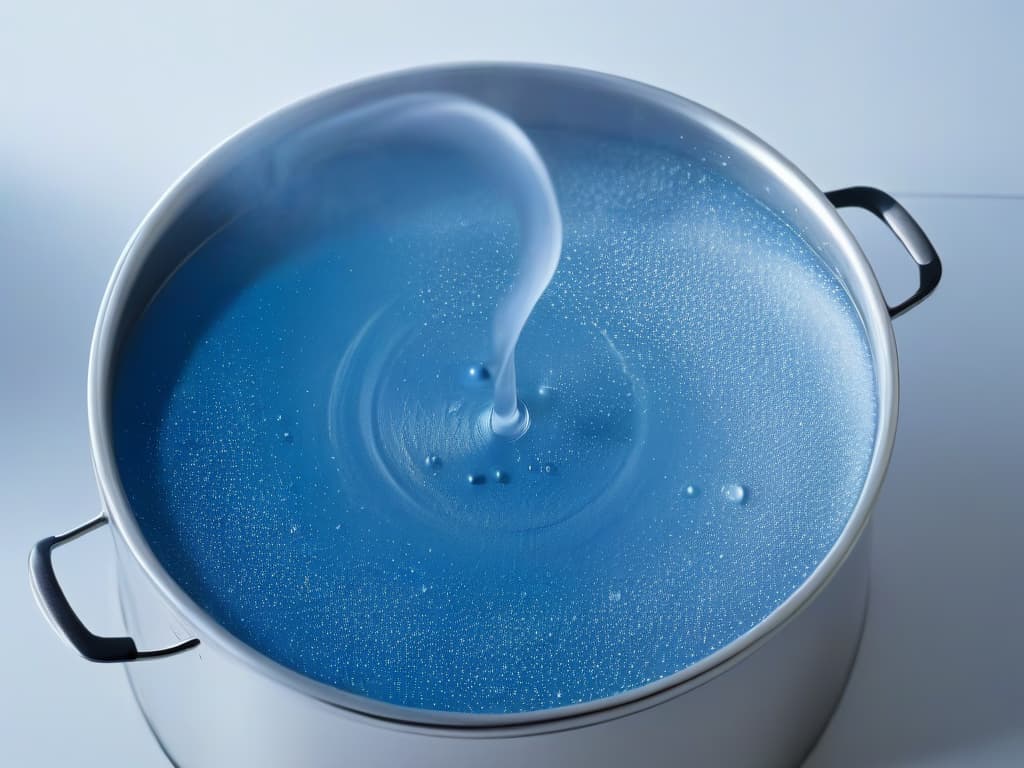  A closeup, highresolution image of a pristine, crystalclear sugar solution in the process of being heated in a gleaming stainless steel pot. The bubbles forming on the surface are perfectly captured, showcasing the transformation from liquid to syrup. The minimalist composition highlights the simplicity and elegance of the sugar crystallization process, with the focus solely on the mesmerizing texture and color of the bubbling liquid. hyperrealistic, full body, detailed clothing, highly detailed, cinematic lighting, stunningly beautiful, intricate, sharp focus, f/1. 8, 85mm, (centered image composition), (professionally color graded), ((bright soft diffused light)), volumetric fog, trending on instagram, trending on tumblr, HDR 4K, 8K