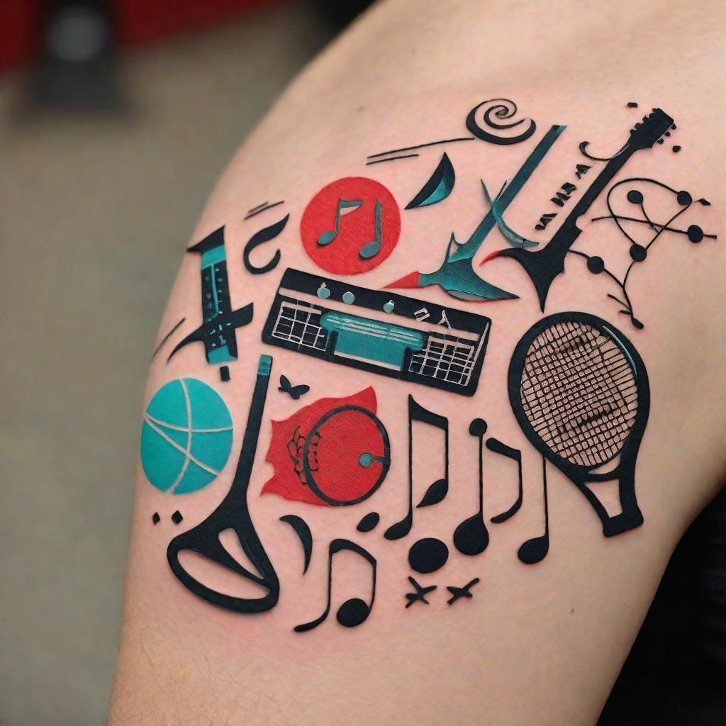  masterpiece, best quality, minimalist tattoo half-arm sleeve with names Audrey and Sawyer with several symbols woven in representing tennis, music notes, gymnastics, math, in black, turquoise and red colours.