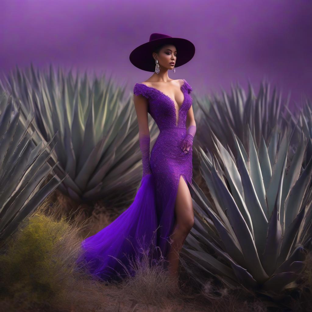  A sad beauty in a violet dress with agave hyperrealistic, full body, detailed clothing, highly detailed, cinematic lighting, stunningly beautiful, intricate, sharp focus, f/1. 8, 85mm, (centered image composition), (professionally color graded), ((bright soft diffused light)), volumetric fog, trending on instagram, trending on tumblr, HDR 4K, 8K