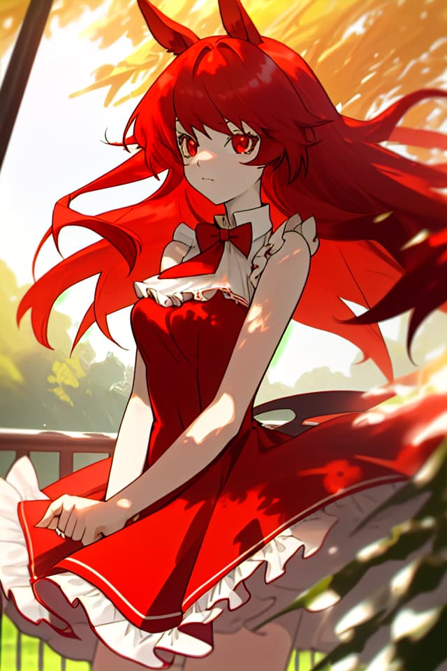  Girls, red hair, horse ears, red eyes, crisp eyes, red dress, sleeveless, white frills, solo, sunlight