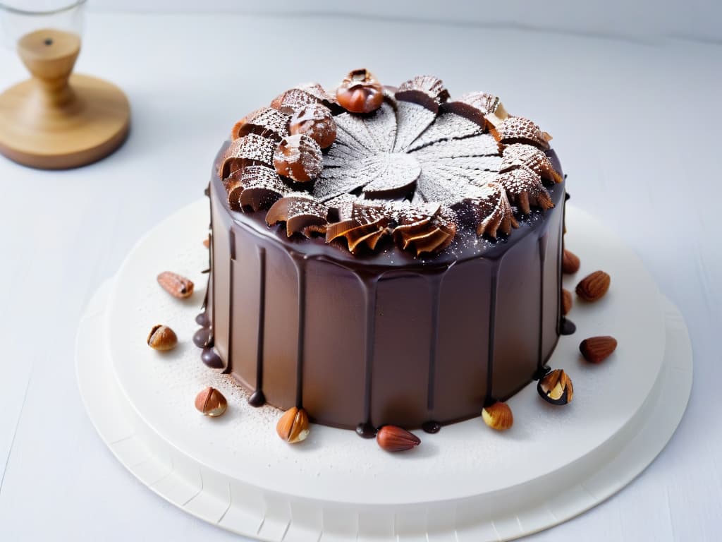  A closeup, ultradetailed image of a decadent slice of chocolate and hazelnut cake on a pristine white plate. The cake is rich and moist, with layers of chocolate ganache and chopped hazelnuts beautifully visible. The glossy ganache glimmers under a soft, natural light, showcasing the intricate textures of the dessert. Crumbs of hazelnuts are delicately sprinkled on top, adding a touch of elegance to the composition. hyperrealistic, full body, detailed clothing, highly detailed, cinematic lighting, stunningly beautiful, intricate, sharp focus, f/1. 8, 85mm, (centered image composition), (professionally color graded), ((bright soft diffused light)), volumetric fog, trending on instagram, trending on tumblr, HDR 4K, 8K