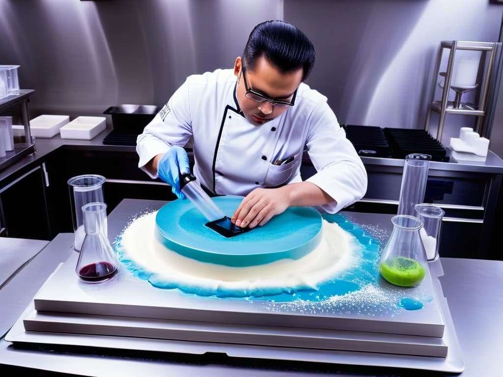  A highresolution, ultradetailed image of a skilled pastry chef meticulously using molecular gastronomy techniques to create a cuttingedge dessert. The chef is surrounded by an array of test tubes, beakers, and scientific equipment, showcasing the fusion of culinary artistry with scientific precision. The dessert being prepared is a visually stunning and innovative creation, with vibrant colors and intricate details that highlight the fascinating chemistry behind modern desserts. hyperrealistic, full body, detailed clothing, highly detailed, cinematic lighting, stunningly beautiful, intricate, sharp focus, f/1. 8, 85mm, (centered image composition), (professionally color graded), ((bright soft diffused light)), volumetric fog, trending on instagram, trending on tumblr, HDR 4K, 8K