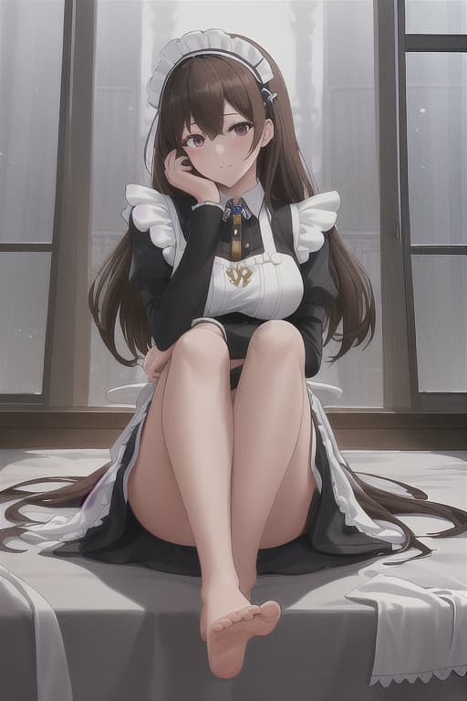  (score 9,score 8 up,score 7 up,),1girl,solo,maid,maid headdress,looking at viewer,apron,brown hair,indoors,black hair,bare foot,feet focus,two feet hyperrealistic, full body, detailed clothing, highly detailed, cinematic lighting, stunningly beautiful, intricate, sharp focus, f/1. 8, 85mm, (centered image composition), (professionally color graded), ((bright soft diffused light)), volumetric fog, trending on instagram, trending on tumblr, HDR 4K, 8K