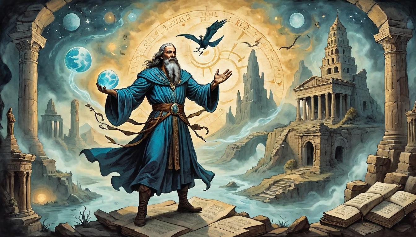  on parchment, surrealism+++, Sorcerer with outstretched arms, twisting streams of time around, background with ancient ruins and celestial objects, powerful and enigmatic mood(mysterious, provocative, symbolic,muted color)+++