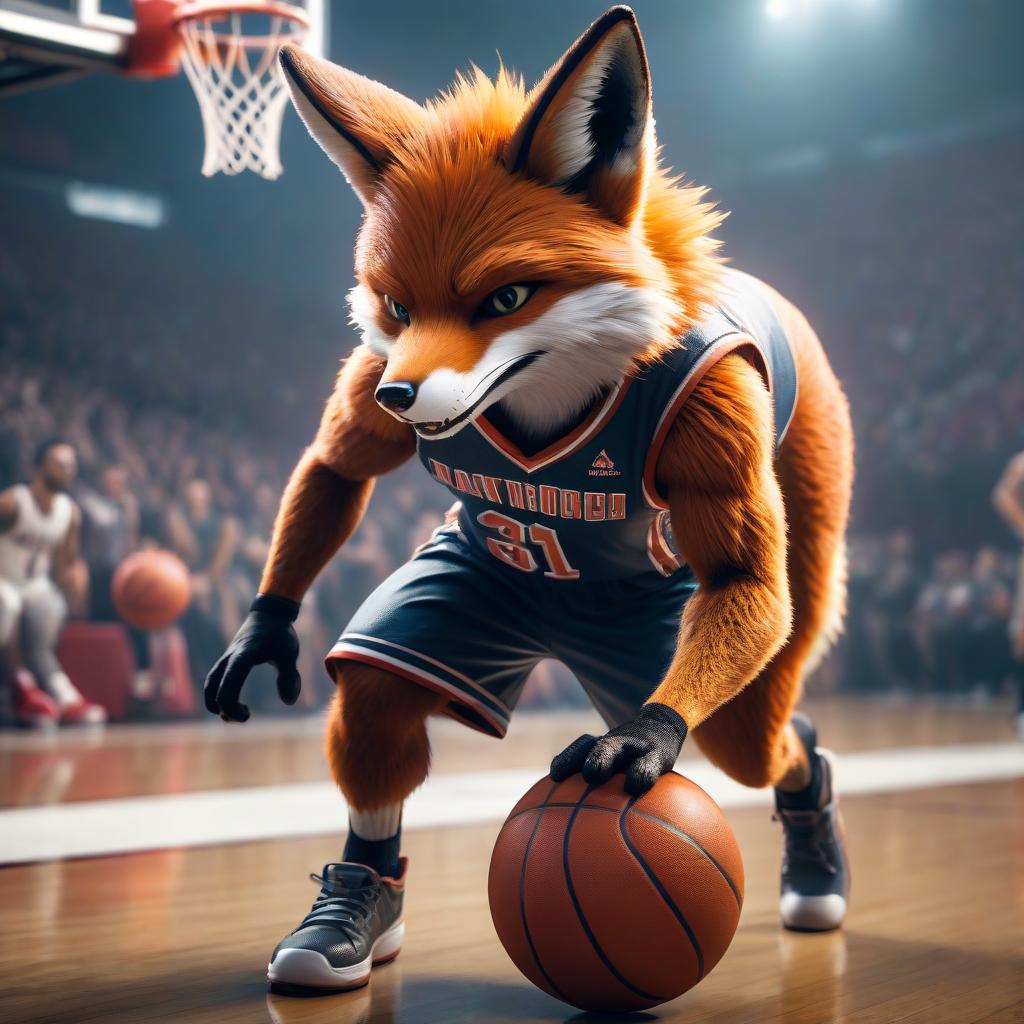  Evil fox with a basketball ball. hyperrealistic, full body, detailed clothing, highly detailed, cinematic lighting, stunningly beautiful, intricate, sharp focus, f/1. 8, 85mm, (centered image composition), (professionally color graded), ((bright soft diffused light)), volumetric fog, trending on instagram, trending on tumblr, HDR 4K, 8K