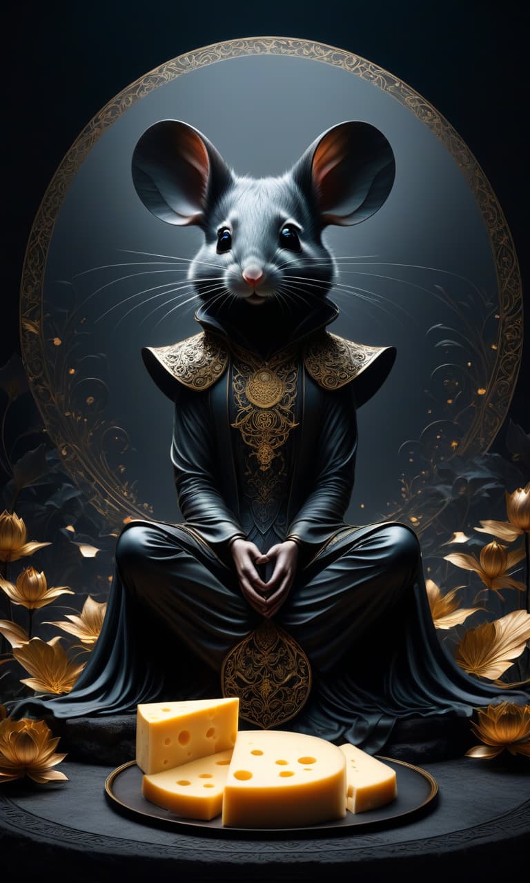  Digital image. Distant outline. Charcoal drawing on black tinted paper, pencil drawing. Dark black and white colour scheme with subtle gold patterns. Poster, medium, full size. Silhouette of a drawn cartoon fairy tale, unreal beautiful mouse. In lotus pose meditating near a single large piece of (realistic) cheese. The background is black, dark, glossy. With bright golden particles, aura of magic, ornamentation. Stylistics plateresco, dark art. Art Nouveau aesthetics. In the manner of Roman Tyrtov, Alphonse Mucha, Dürer, William Blake, Jean Baptiste Monge. hyperrealistic, full body, detailed clothing, highly detailed, cinematic lighting, stunningly beautiful, intricate, sharp focus, f/1. 8, 85mm, (centered image composition), (professionally color graded), ((bright soft diffused light)), volumetric fog, trending on instagram, trending on tumblr, HDR 4K, 8K