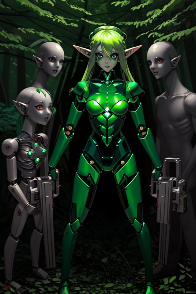  Elf girl robot,masterpiece,pretty elf head,green hair color,long elf ears,body is robot,with chainsaw,lumberjack robot,in the woods,high quality,8k,16k