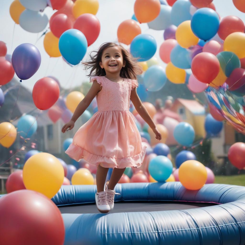  A small girl in a bright dress is bouncing on a trampoline, smiling and sailing towards the balloons. hyperrealistic, full body, detailed clothing, highly detailed, cinematic lighting, stunningly beautiful, intricate, sharp focus, f/1. 8, 85mm, (centered image composition), (professionally color graded), ((bright soft diffused light)), volumetric fog, trending on instagram, trending on tumblr, HDR 4K, 8K