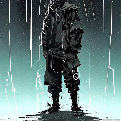  A-TaC , Josh, Epitomistic, Doormentor, The Catentions, He’s Tall all black hoodie up all white mask on face kind of like Jason, standing under street pole in the dark while heavily raining, spotting his enemy , kind of like grim reaper, god of darkness and winter