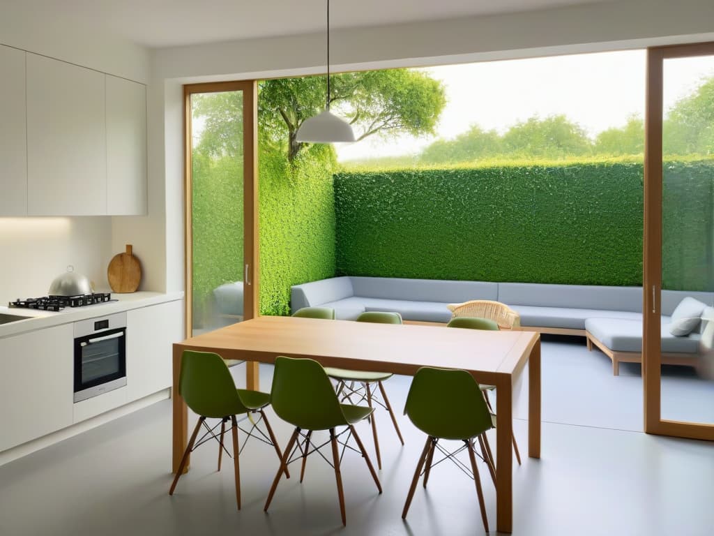  An ultradetailed image of a serene, minimalist kitchen retreat with sleek countertops, a large window overlooking a lush garden, and a small dining area with modern chairs. The color scheme is a calming blend of whites, grays, and soft greens, enhancing the peaceful ambiance of the space. The sunlight streaming in through the window casts a warm, inviting glow over the entire scene, making it the ideal setting for a culinary escape. hyperrealistic, full body, detailed clothing, highly detailed, cinematic lighting, stunningly beautiful, intricate, sharp focus, f/1. 8, 85mm, (centered image composition), (professionally color graded), ((bright soft diffused light)), volumetric fog, trending on instagram, trending on tumblr, HDR 4K, 8K