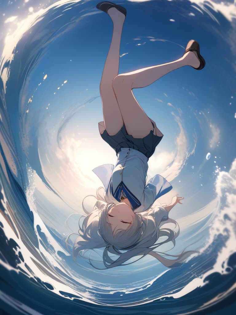  ultra detailed:1.2masterpiece:1.2,best quality,masterpiece,bestquality,hdr:1.1,8k:1.1,very cute girl:1.3,closed eyes:1.1,(fullbody:1.2)(falling sea:1.3),(splash:1.3),(flip upside down:1.7),school uniform:1.4, masterpiece, best quality,8k,ultra detailed,high resolution,an extremely delicate and beautiful,hyper detail