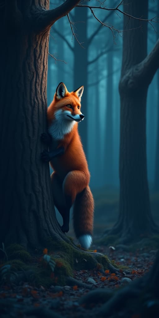  good quality, high quality, nighttime forest scene with a red fox perched on a tree trunk